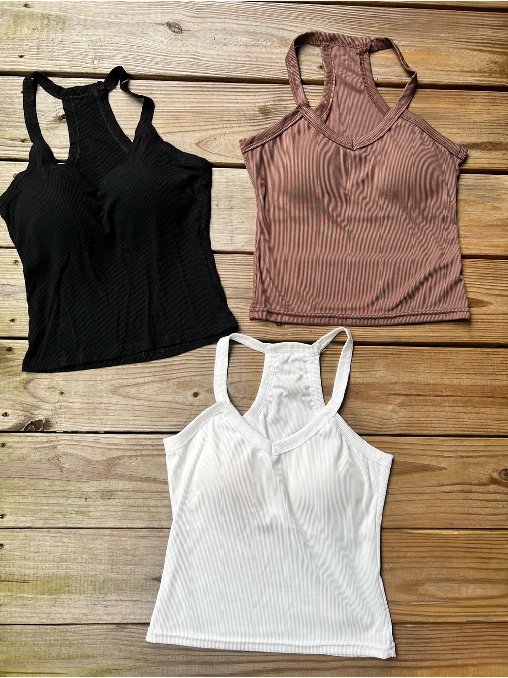 3 Women’s Medium Racerback Built in Pads Tank Tops - Black, White, Brown - Picture 1 of 10